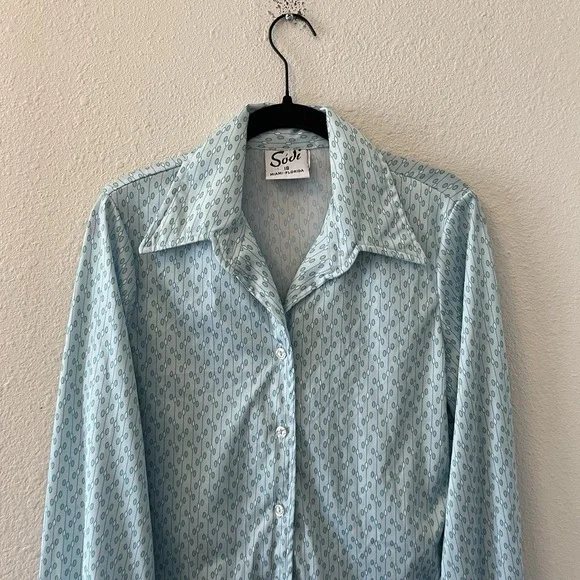 Vintage 70's Button Up Shirt Women's 18 Sodi Miami Blue Disco Dagger Collar - Picture 5 of 14
